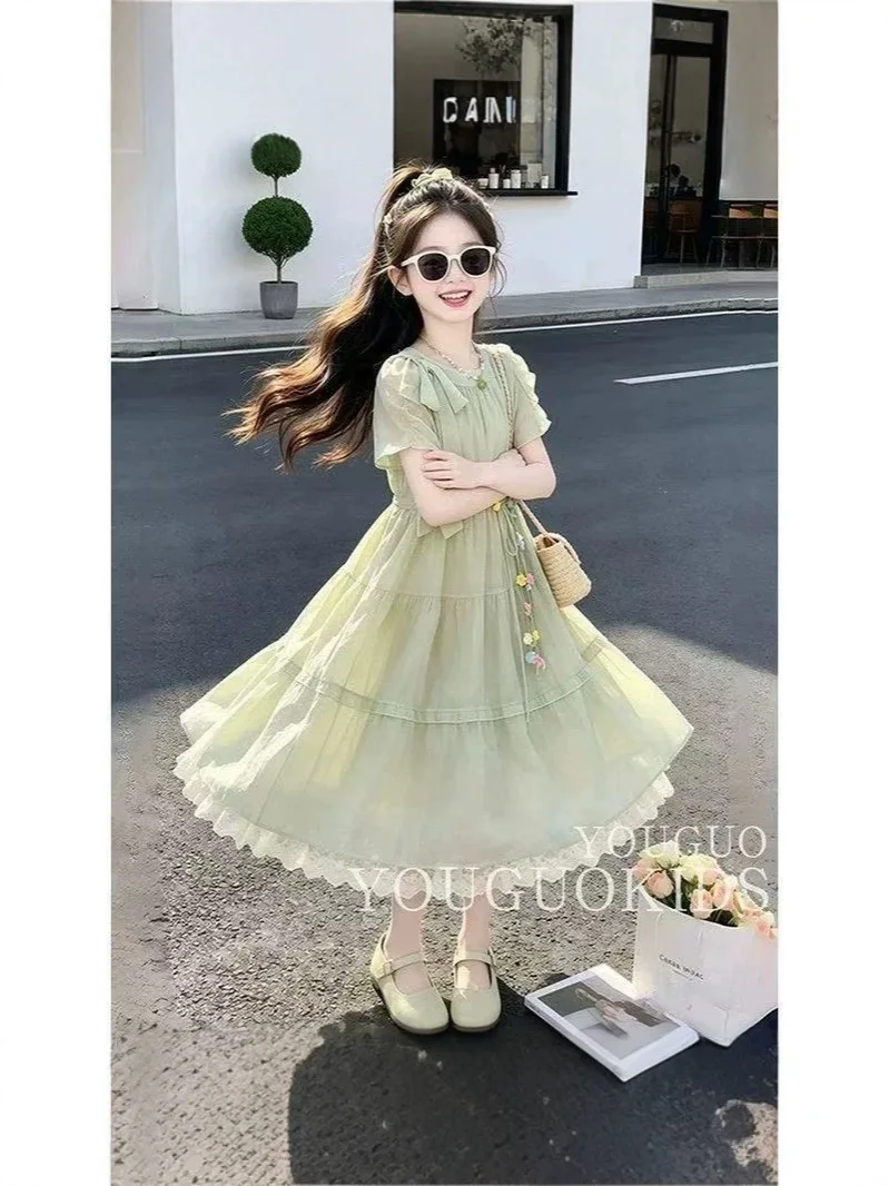 2026 Summer sleeveless floral kid party mesh lace princess Girls Mid Long Teenager bow fairy layered dress 4 8 10 12 14 Years - Image 5