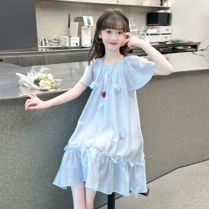 2026 Summer slip fairy ultrathin FLOWER kid splicing party mesh princess Girls Mid Long lace Teenager dress 4 8 10 12 14 Years