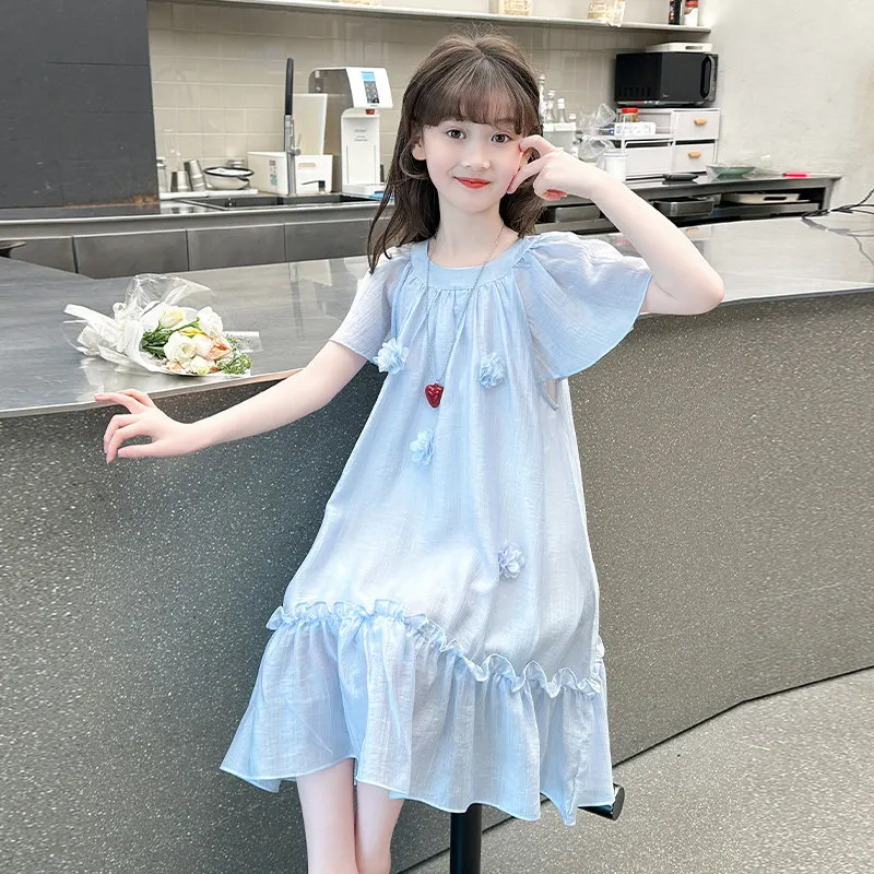 2026 Summer slip fairy ultrathin FLOWER kid splicing party mesh princess Girls Mid Long lace Teenager dress 4 8 10 12 14 Years