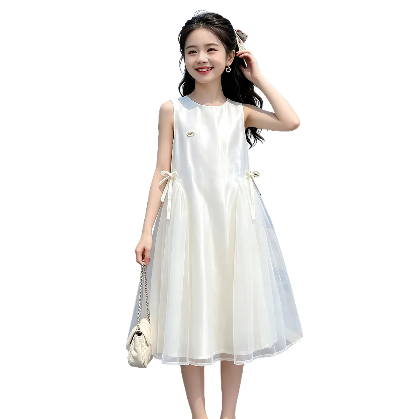 2026 Summer slip glossy off shoulder bow kid baby party mesh princess Girls Mid Long lace Teenager dress 4 8 10 12 14 Years - Image 2