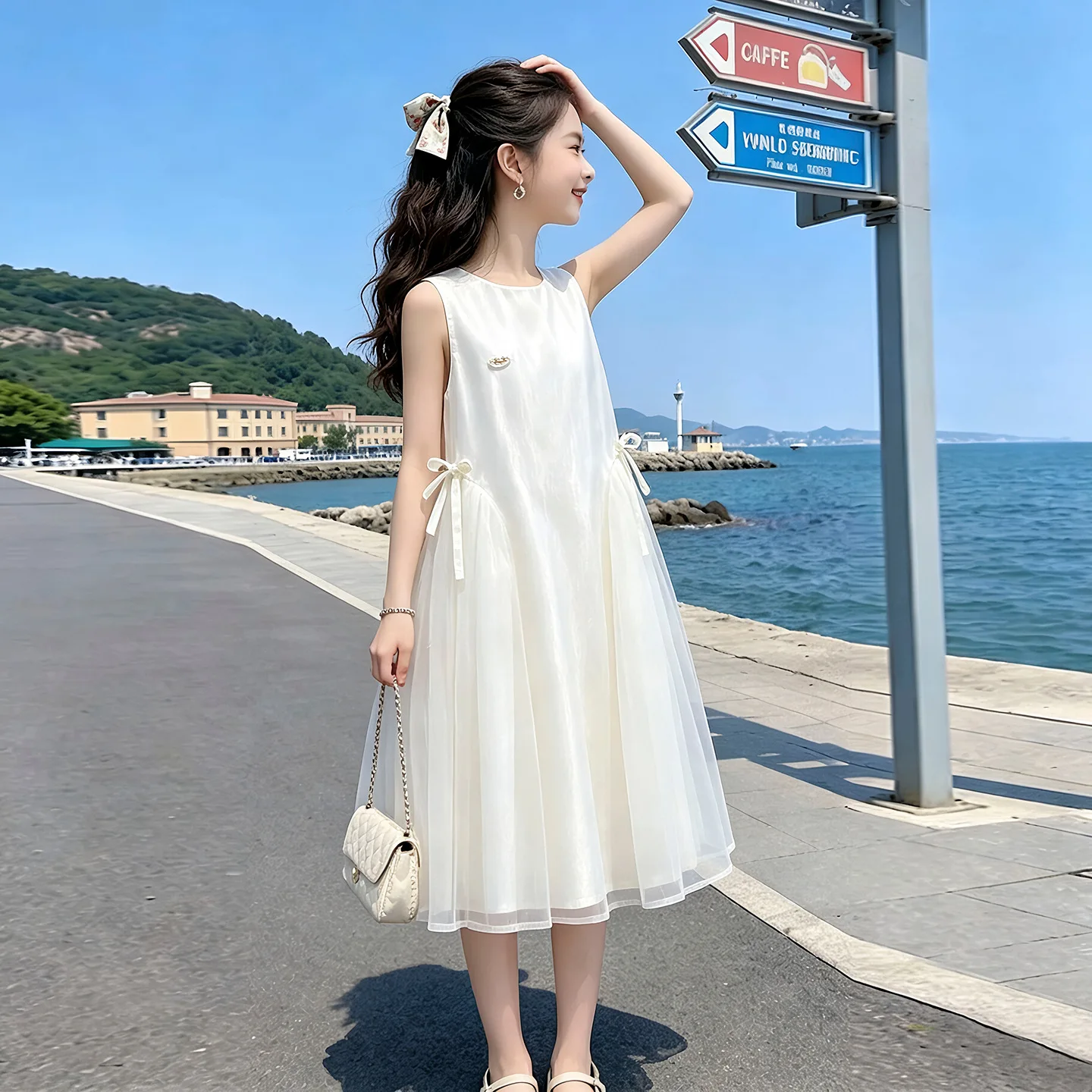 2026 Summer slip glossy off shoulder bow kid baby party mesh princess Girls Mid Long lace Teenager dress 4 8 10 12 14 Years - Image 4