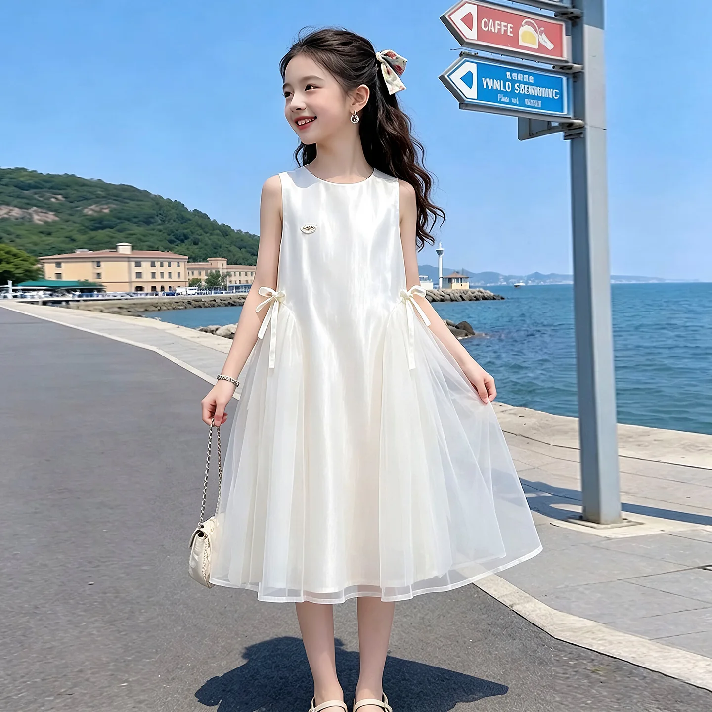 2026 Summer slip glossy off shoulder bow kid baby party mesh princess Girls Mid Long lace Teenager dress 4 8 10 12 14 Years