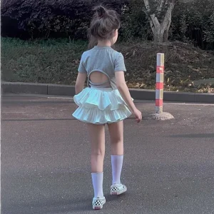 2026 Teenager Summer Kids Girls Clothes Short Sleeve Cotton Crop Top Backless T-Shirt + Tiered Pleated Skirt 5 6 7 8 9 12 Years