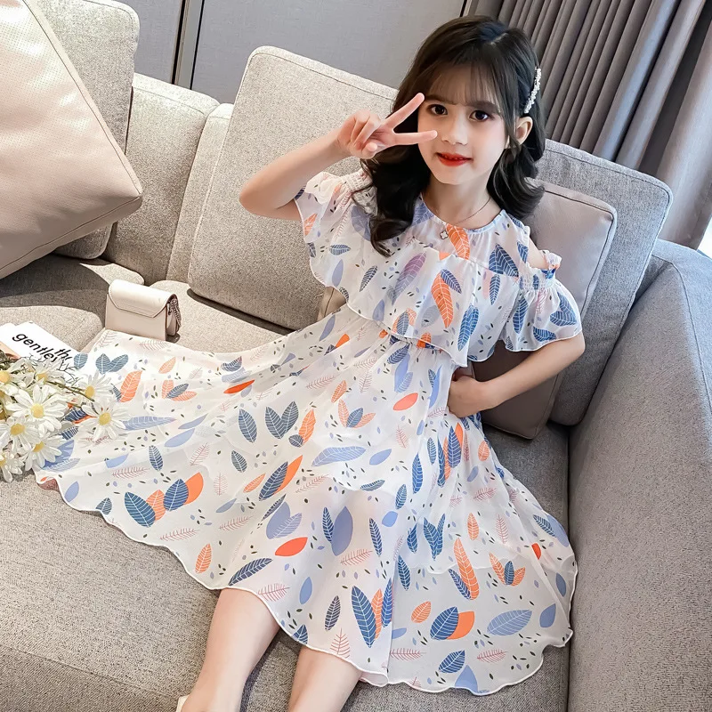 2026 Teens Summer Baby Girls Dress Clothes Mesh Leaf Bohemian Floral Off Shoulder Chiffon Long Beach 3 4 5 6 7 8 9 10 12 Years - Image 2
