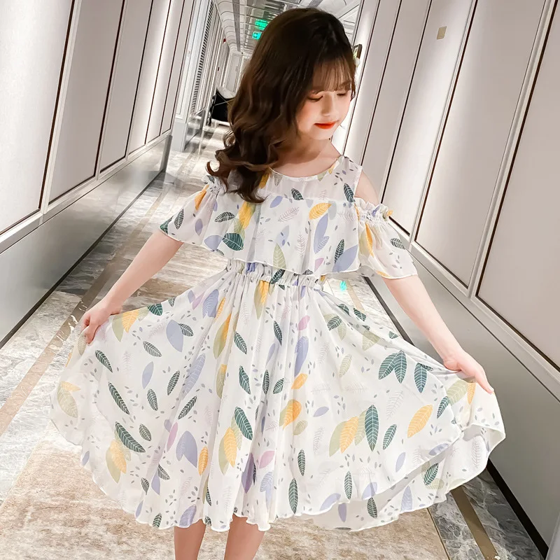 2026 Teens Summer Baby Girls Dress Clothes Mesh Leaf Bohemian Floral Off Shoulder Chiffon Long Beach 3 4 5 6 7 8 9 10 12 Years - Image 4