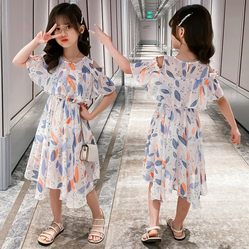 2026 Teens Summer Baby Girls Dress Clothes Mesh Leaf Bohemian Floral Off Shoulder Chiffon Long Beach 3 4 5 6 7 8 9 10 12 Years - Image 6