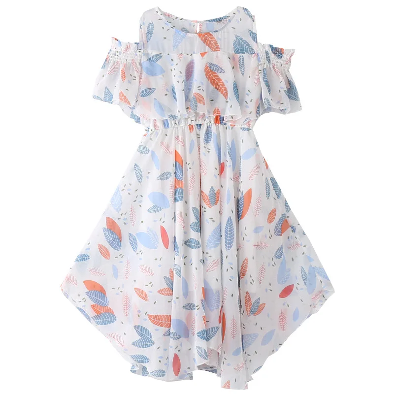 2026 Teens Summer Baby Girls Dress Clothes Mesh Leaf Bohemian Floral Off Shoulder Chiffon Long Beach 3 4 5 6 7 8 9 10 12 Years - Image 3