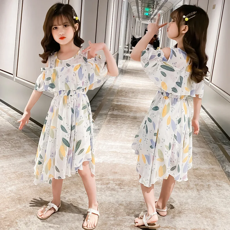 2026 Teens Summer Baby Girls Dress Clothes Mesh Leaf Bohemian Floral Off Shoulder Chiffon Long Beach 3 4 5 6 7 8 9 10 12 Years - Image 5