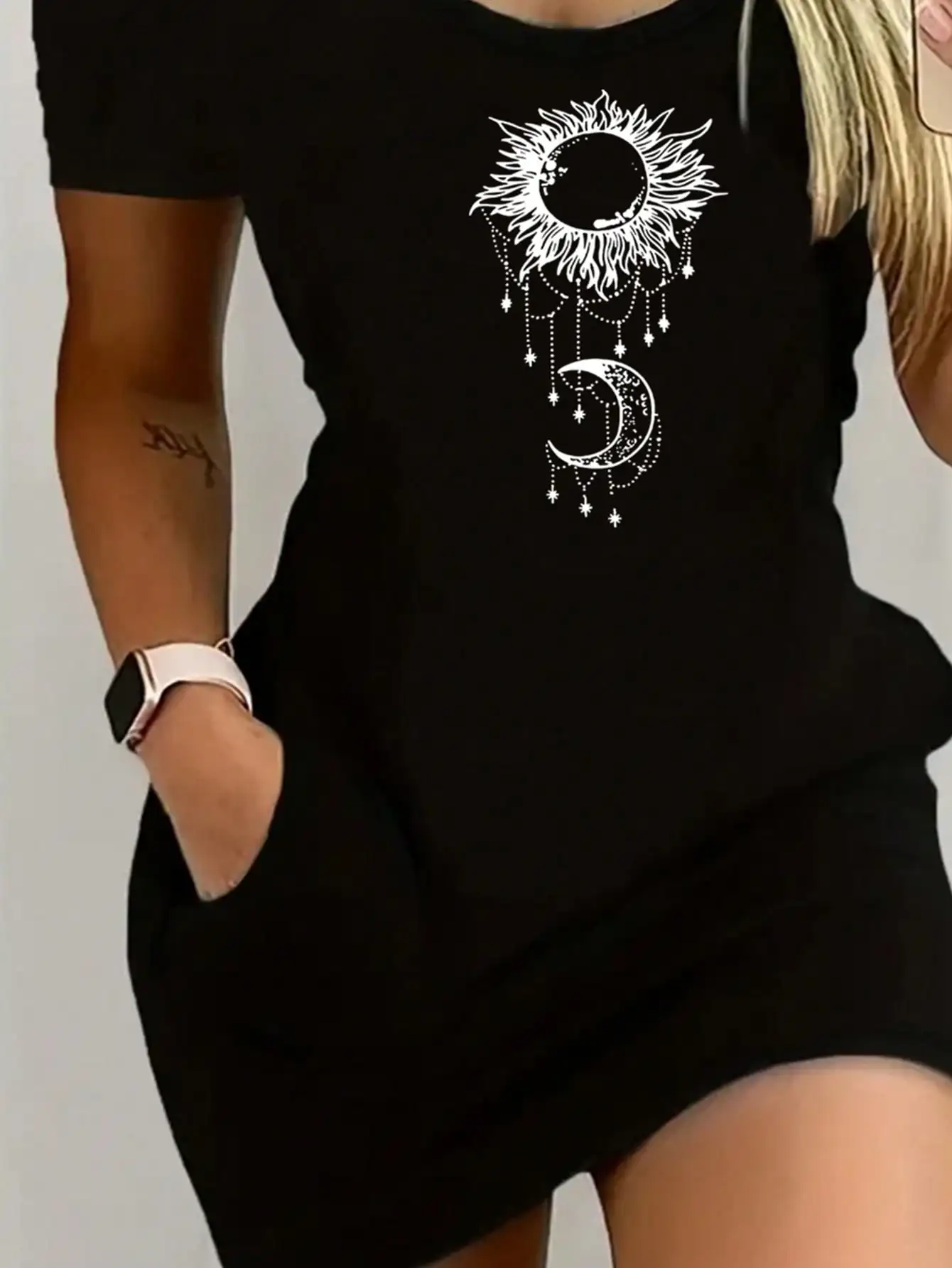 2026 Women's Casual Elegant Style Sun Moon Pattern Solid Color Round Neck Short Sleeve Women's Sexy Dress Short Skirt - Image 3
