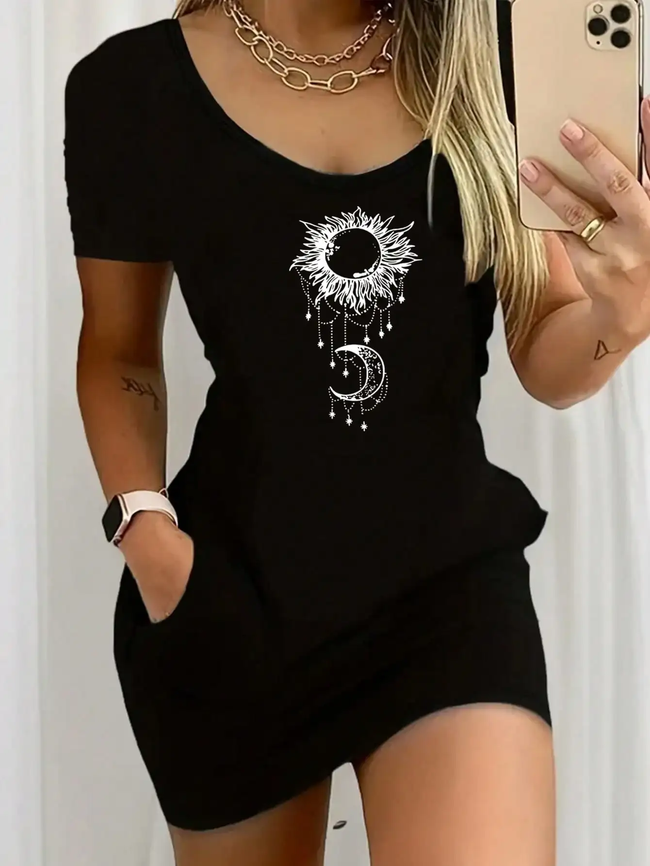 2026 Women's Casual Elegant Style Sun Moon Pattern Solid Color Round Neck Short Sleeve Women's Sexy Dress Short Skirt
