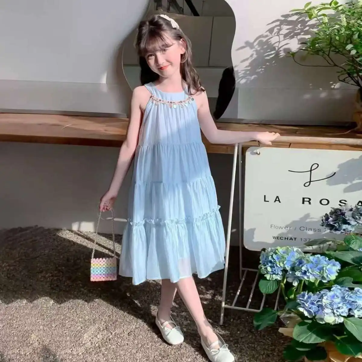 2026 new summer kid baby party princess Girls halter Teenager slip dress light blue LAYERED 4 5 6 7 8 9 10 11 12 13 14 Years - Image 2