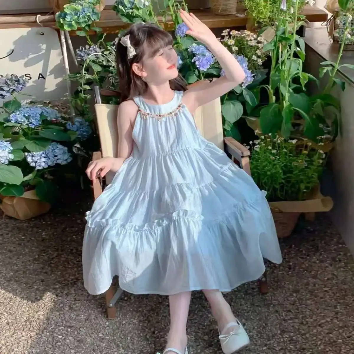 2026 new summer kid baby party princess Girls halter Teenager slip dress light blue LAYERED 4 5 6 7 8 9 10 11 12 13 14 Years - Image 5