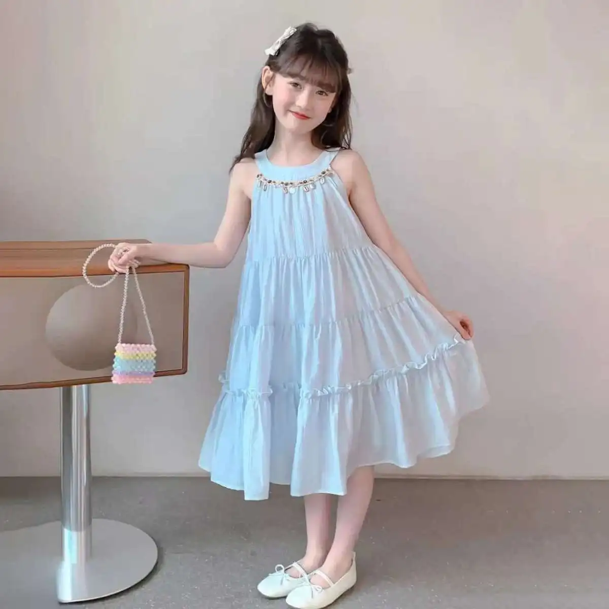 2026 new summer kid baby party princess Girls halter Teenager slip dress light blue LAYERED 4 5 6 7 8 9 10 11 12 13 14 Years - Image 3