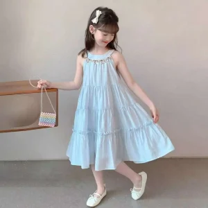 2026 new summer kid baby party princess Girls halter Teenager slip dress light blue LAYERED 4 5 6 7 8 9 10 11 12 13 14 Years