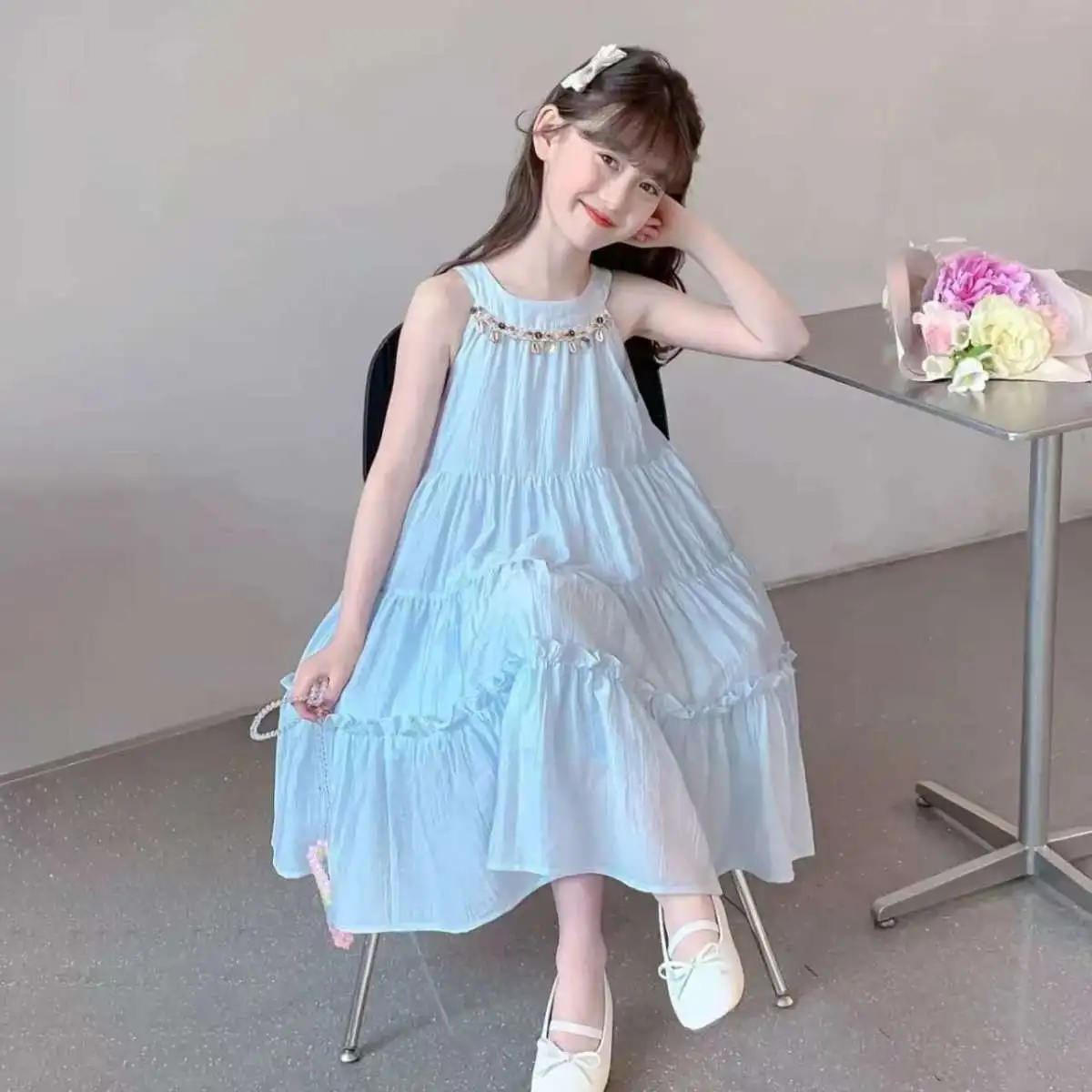 2026 new summer kid baby party princess Girls halter Teenager slip dress light blue LAYERED 4 5 6 7 8 9 10 11 12 13 14 Years - Image 6