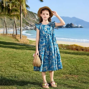 2026 retro French ruffle summer kid baby party princess Girls Teenager floral dress blue LAYERED 4 6 7 8 9 10 11 12 13 14 Years