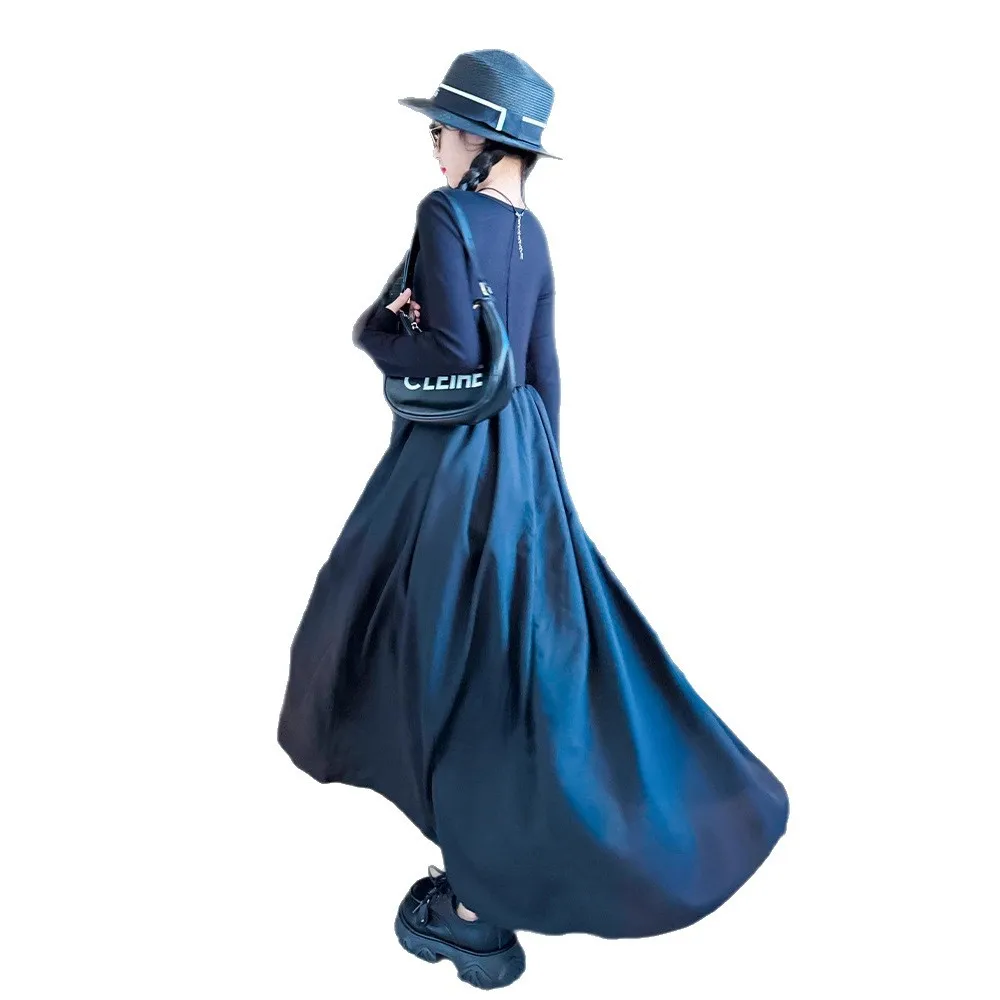 2026 retro French spring Teens Girls Cloth long sleeve Shirt black splicing princess A-LINE dress Children 4 5 7 8 10 12 14 year - Image 2