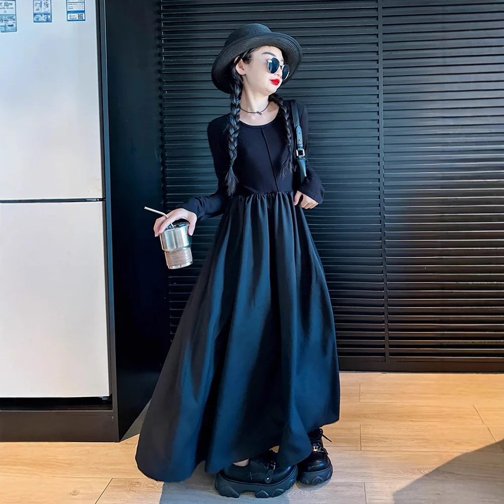 2026 retro French spring Teens Girls Cloth long sleeve Shirt black splicing princess A-LINE dress Children 4 5 7 8 10 12 14 year - Image 4