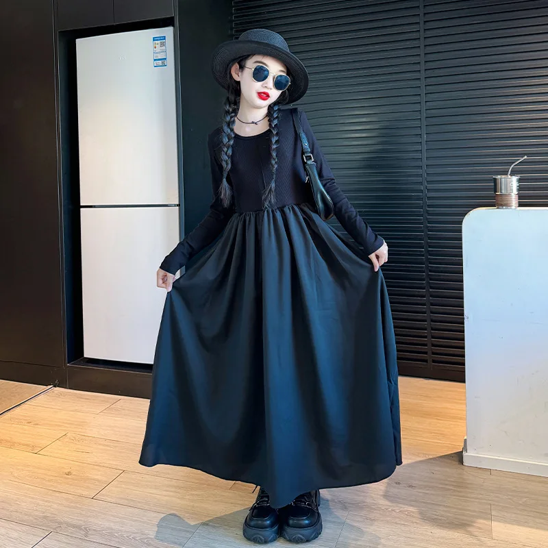 2026 retro French spring Teens Girls Cloth long sleeve Shirt black splicing princess A-LINE dress Children 4 5 7 8 10 12 14 year - Image 6
