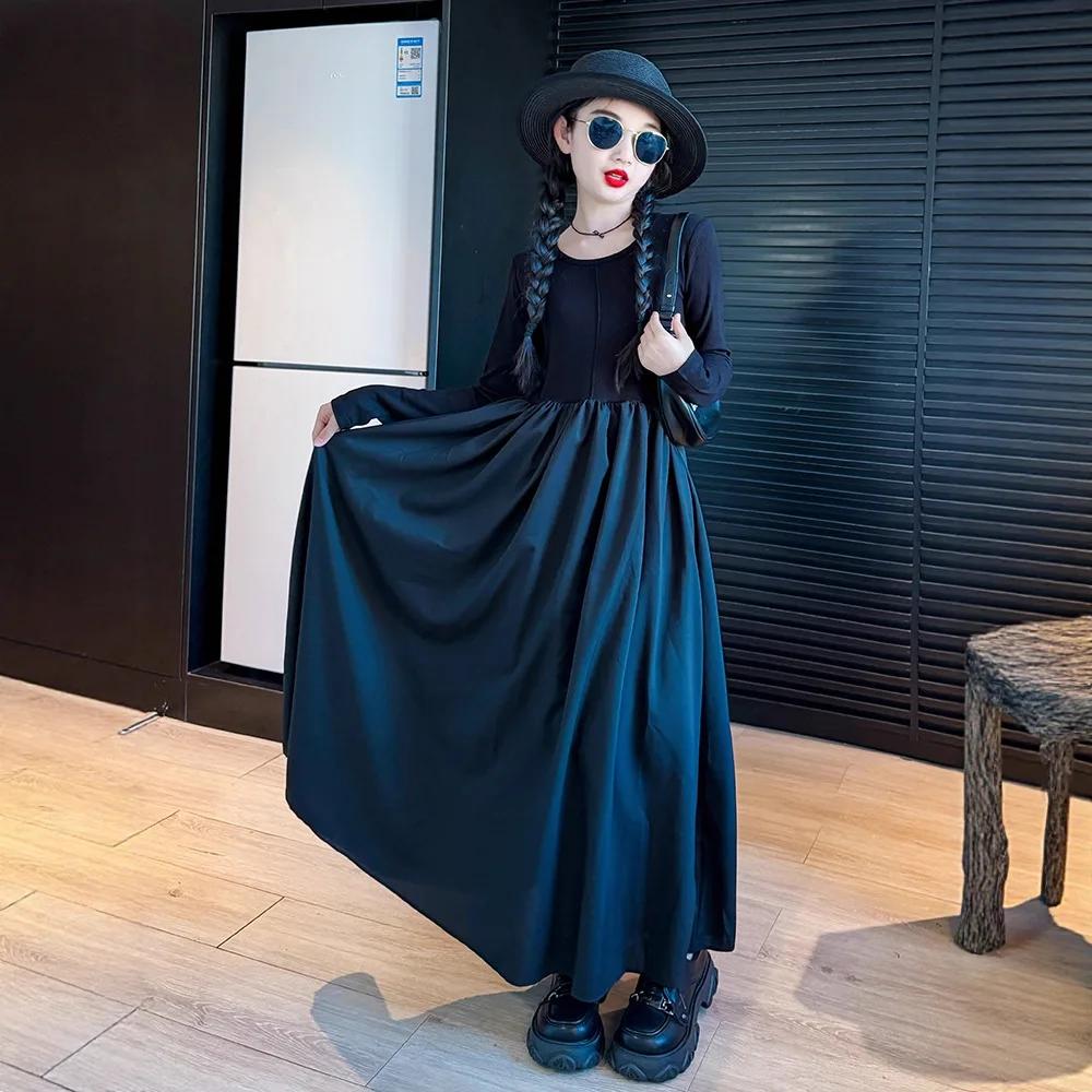 2026 retro French spring Teens Girls Cloth long sleeve Shirt black splicing princess A-LINE dress Children 4 5 7 8 10 12 14 year - Image 3