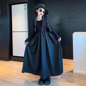 2026 retro French spring Teens Girls Cloth long sleeve Shirt black splicing princess A-LINE dress Children 4 5 7 8 10 12 14 year