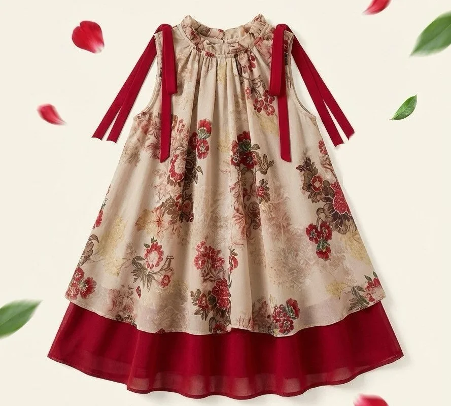 2026 retro summer Chinese kid baby party princess Girls Teenager floral slip dress splcing mesh 4 6 7 8 9 10 11 12 13 14 Years - Image 2