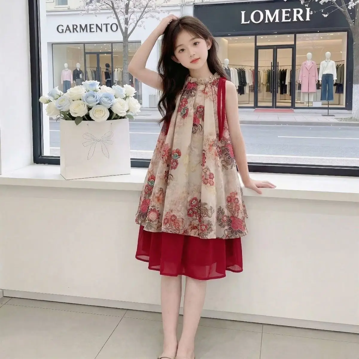 2026 retro summer Chinese kid baby party princess Girls Teenager floral slip dress splcing mesh 4 6 7 8 9 10 11 12 13 14 Years - Image 5