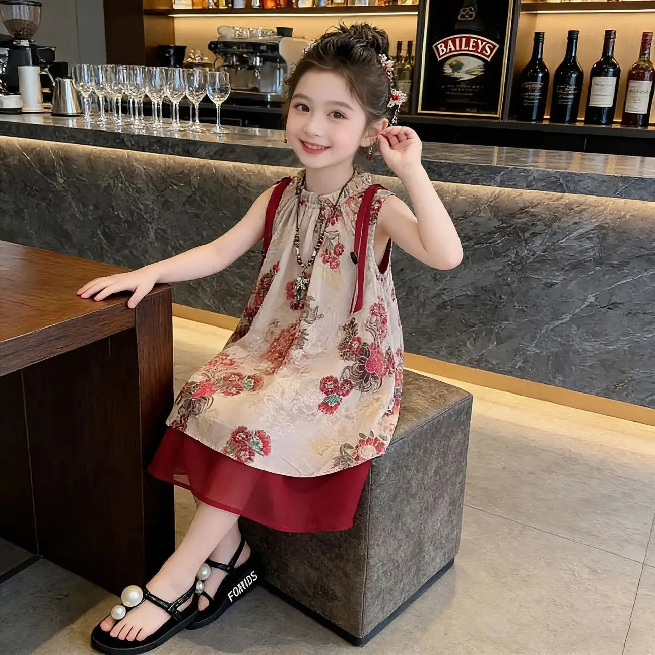 2026 retro summer Chinese kid baby party princess Girls Teenager floral slip dress splcing mesh 4 6 7 8 9 10 11 12 13 14 Years - Image 3