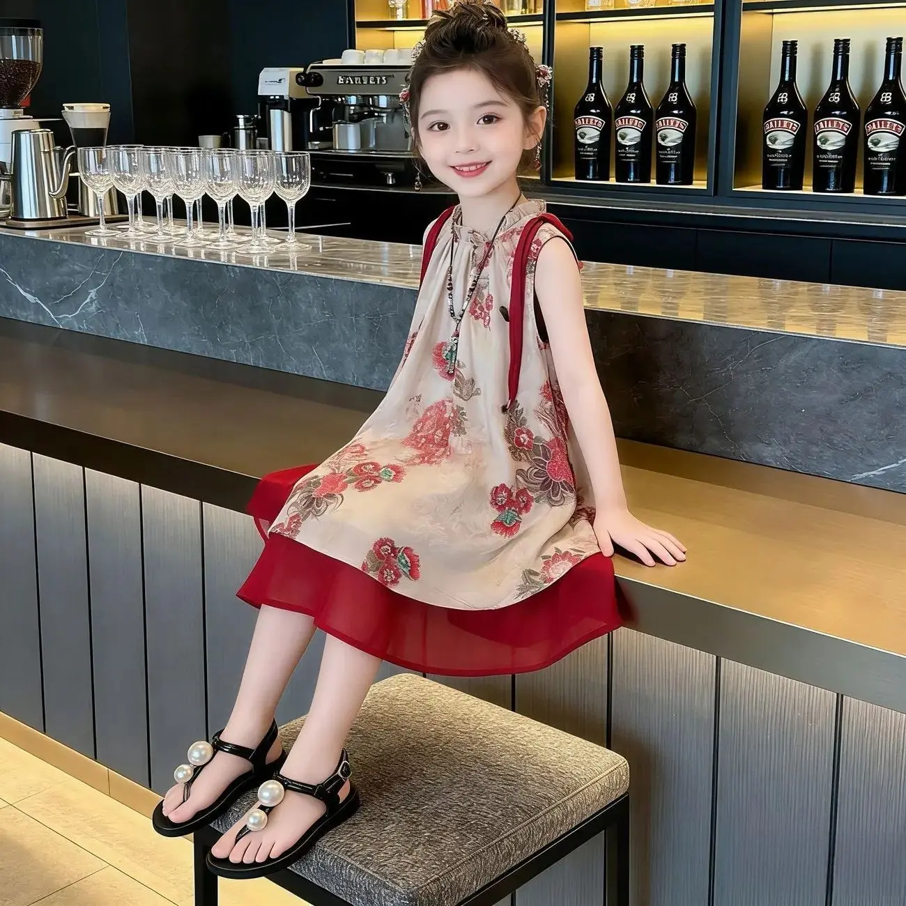 2026 retro summer Chinese kid baby party princess Girls Teenager floral slip dress splcing mesh 4 6 7 8 9 10 11 12 13 14 Years - Image 4