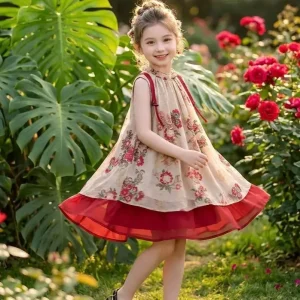 2026 retro summer Chinese kid baby party princess Girls Teenager floral slip dress splcing mesh 4 6 7 8 9 10 11 12 13 14 Years