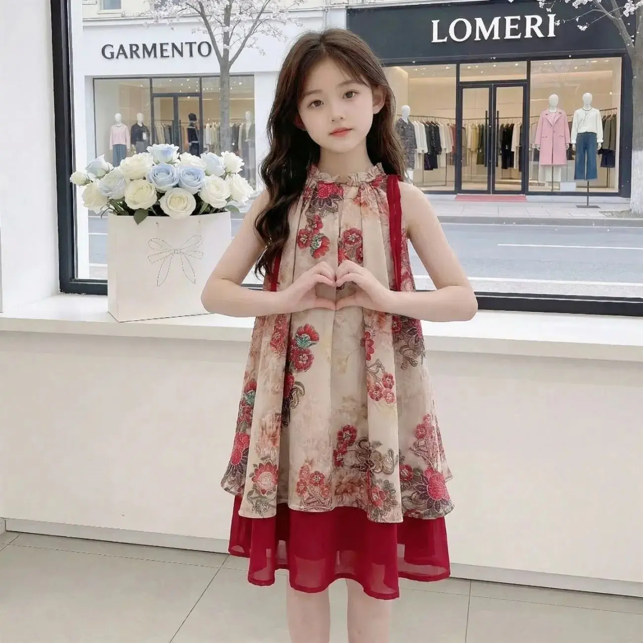 2026 retro summer Chinese kid baby party princess Girls Teenager floral slip dress splcing mesh 4 6 7 8 9 10 11 12 13 14 Years - Image 6
