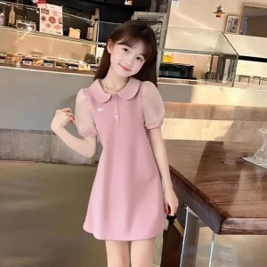 2026 retro summer Teens Girls Cloth bow sleeve mesh princess peter pan collar dress Children outfit 4 5 7 8 10 12 14 year korea