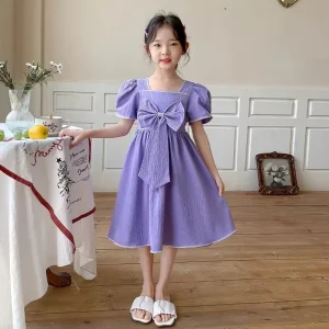 2026 retro summer Teens Girls Cloth square puff sleeve bow princess A-LINE dress Children outfit 4 5 7 8 10 12 14 year korea