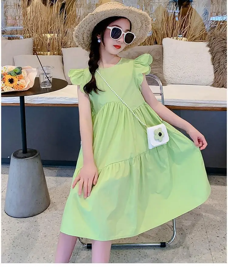 2026 spring Dresses green kid baby party princess Girls Mid Long flutter sleeve Teenager A-LINE Pleated dress 4 8 10 12 14 Years - Image 2