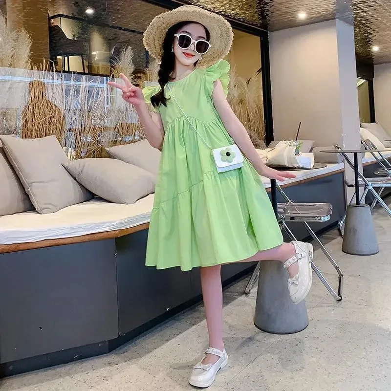 2026 spring Dresses green kid baby party princess Girls Mid Long flutter sleeve Teenager A-LINE Pleated dress 4 8 10 12 14 Years - Image 4