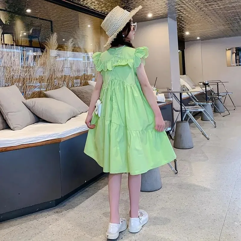 2026 spring Dresses green kid baby party princess Girls Mid Long flutter sleeve Teenager A-LINE Pleated dress 4 8 10 12 14 Years - Image 6