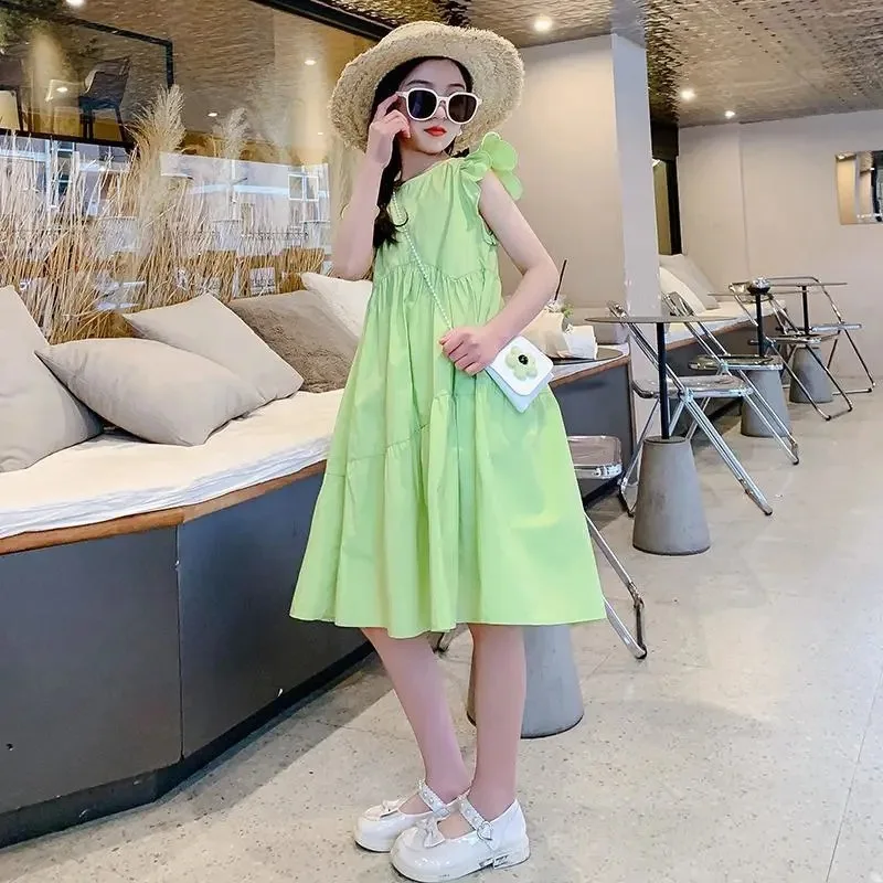 2026 spring Dresses green kid baby party princess Girls Mid Long flutter sleeve Teenager A-LINE Pleated dress 4 8 10 12 14 Years - Image 3