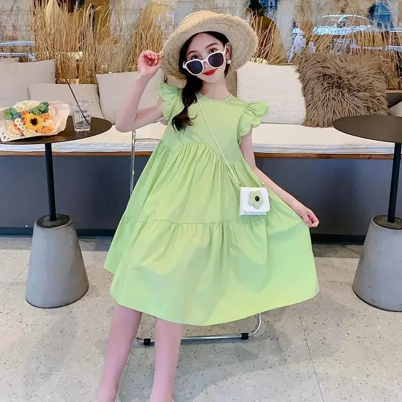 2026 spring Dresses green kid baby party princess Girls Mid Long flutter sleeve Teenager A-LINE Pleated dress 4 8 10 12 14 Years - Image 5