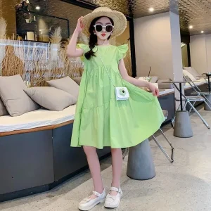 2026 spring Dresses green kid baby party princess Girls Mid Long flutter sleeve Teenager A-LINE Pleated dress 4 8 10 12 14 Years