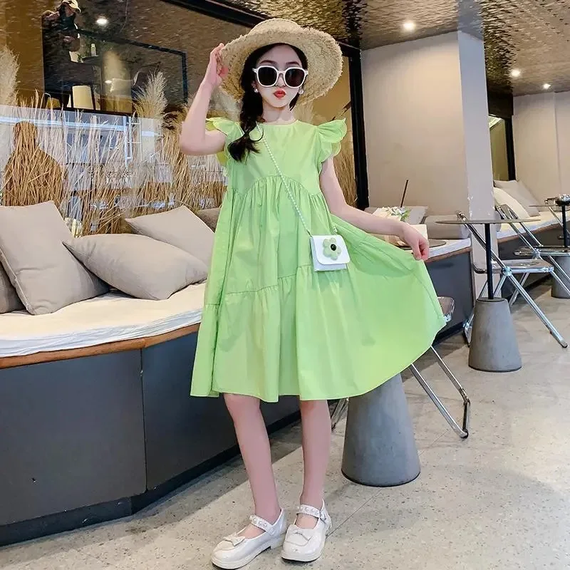 2026 spring Dresses green kid baby party princess Girls Mid Long flutter sleeve Teenager A-LINE Pleated dress 4 8 10 12 14 Years
