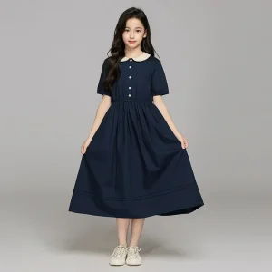 2026 summer Kids Preppy Student waisted party Dresses Child Clothes Teens peter pan Girls Daily Wear button 4 5 8 10 9 12 year