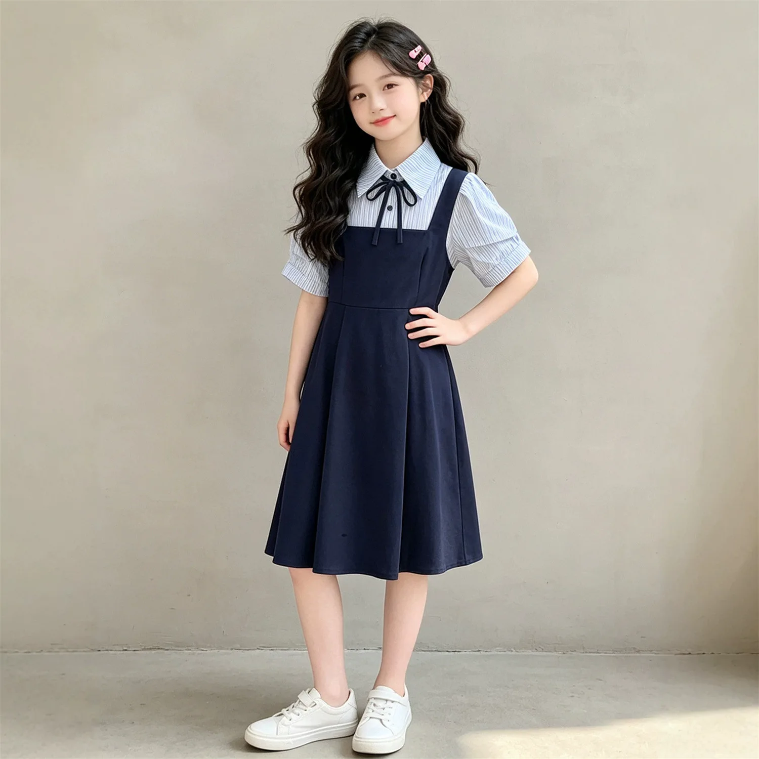 2026 summer Kids party princess Dresses girls Clothes Teens striped navy Girls Daily Wear splicing bow 4 8 10 12 year student - Image 2