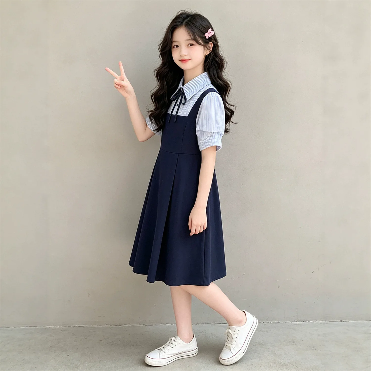 2026 summer Kids party princess Dresses girls Clothes Teens striped navy Girls Daily Wear splicing bow 4 8 10 12 year student - Image 5