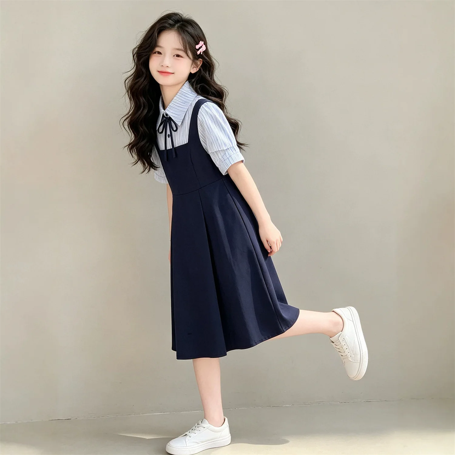 2026 summer Kids party princess Dresses girls Clothes Teens striped navy Girls Daily Wear splicing bow 4 8 10 12 year student - Image 4