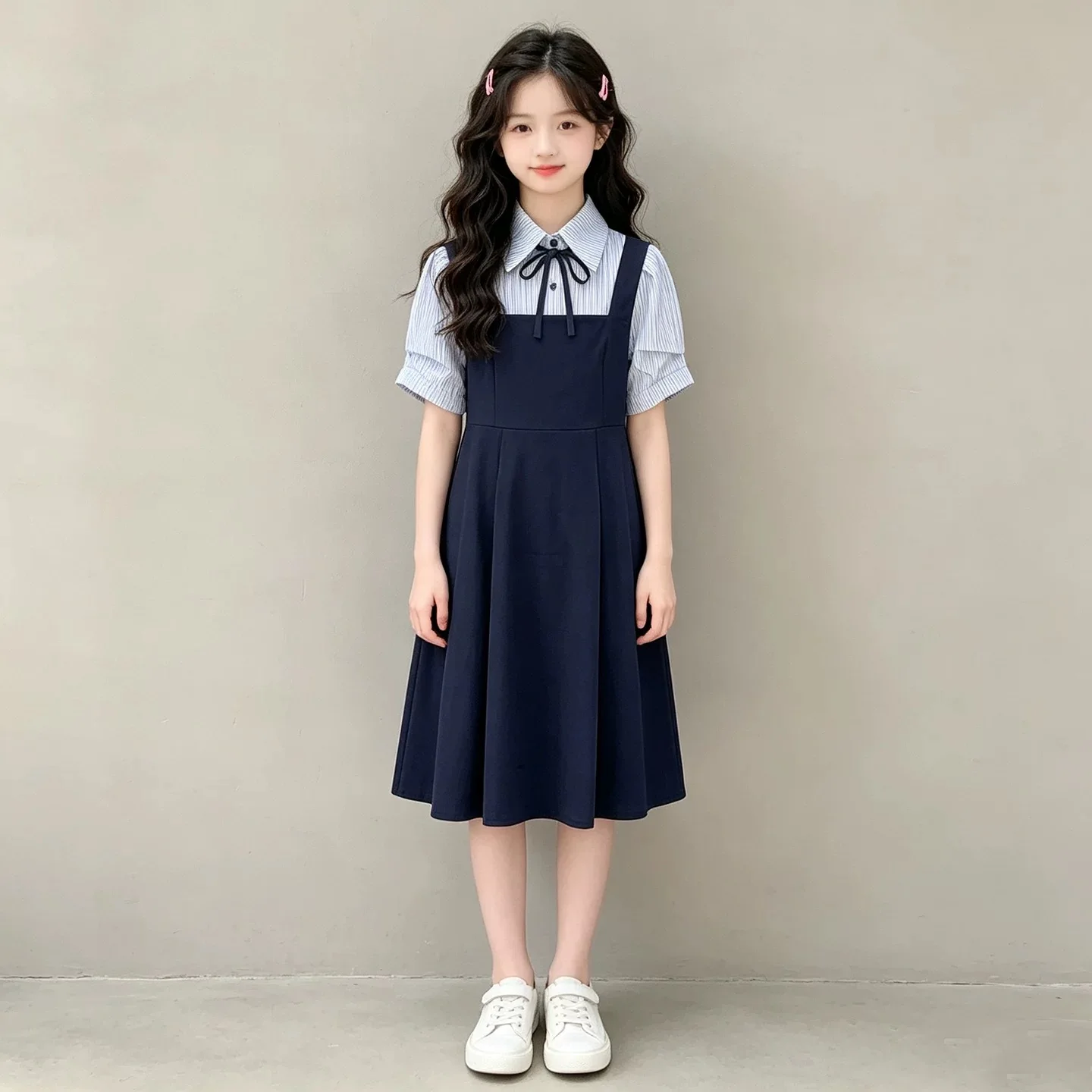 2026 summer Kids party princess Dresses girls Clothes Teens striped navy Girls Daily Wear splicing bow 4 8 10 12 year student