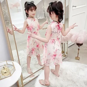 2026 summer kid baby party princess Girls Teenager bohemia floral slip halter dress chiffon 4 5 6 7 8 9 10 11 12 13 14 Years