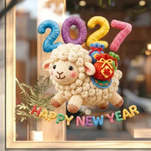 2027 Knit Sheep Static Window Sticker Happy New Year Decals Cute Lamb Christmas Window Decor Home Decoration Shop Glass Ornament