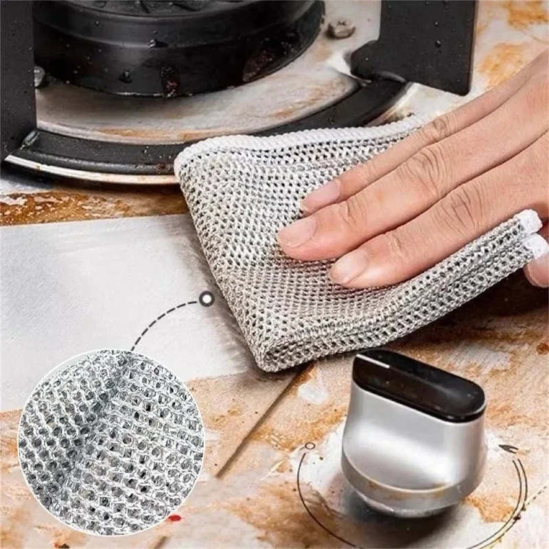 20/5pcs Thickened Steel Wire Cleaning Cloth Non-Scratch Double-layer Iron Microfiber Mesh Dishrag Washing Pot Rags Kitchen Towel - Image 2