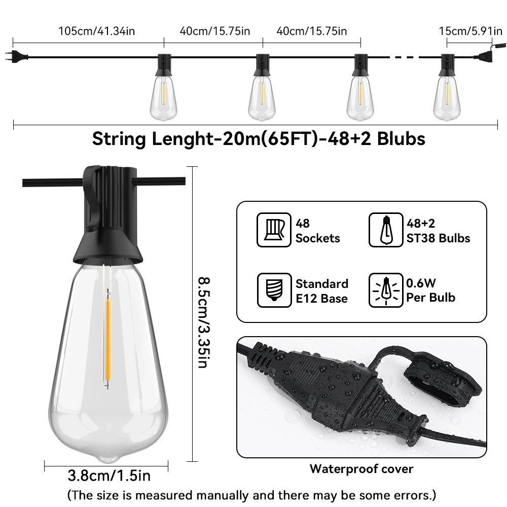 20M 30M ST38 Garland Light String Shatterproof LED Bulbs Outdoor IP44 Patio Garden Wedding Party Halloween Christmas Decor Lamp - Image 5