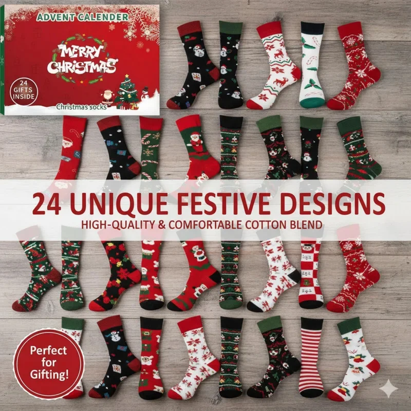 24 Days Countdown Socks 24 Days Of Advent Box Socks Christmas Stocking Advent Calendars For Boys Girls Men Women Christmas Gifts - Image 2
